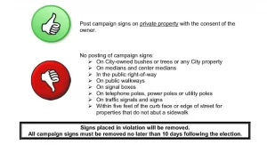 Political sign rules to explain what is allow and what is prohibited.